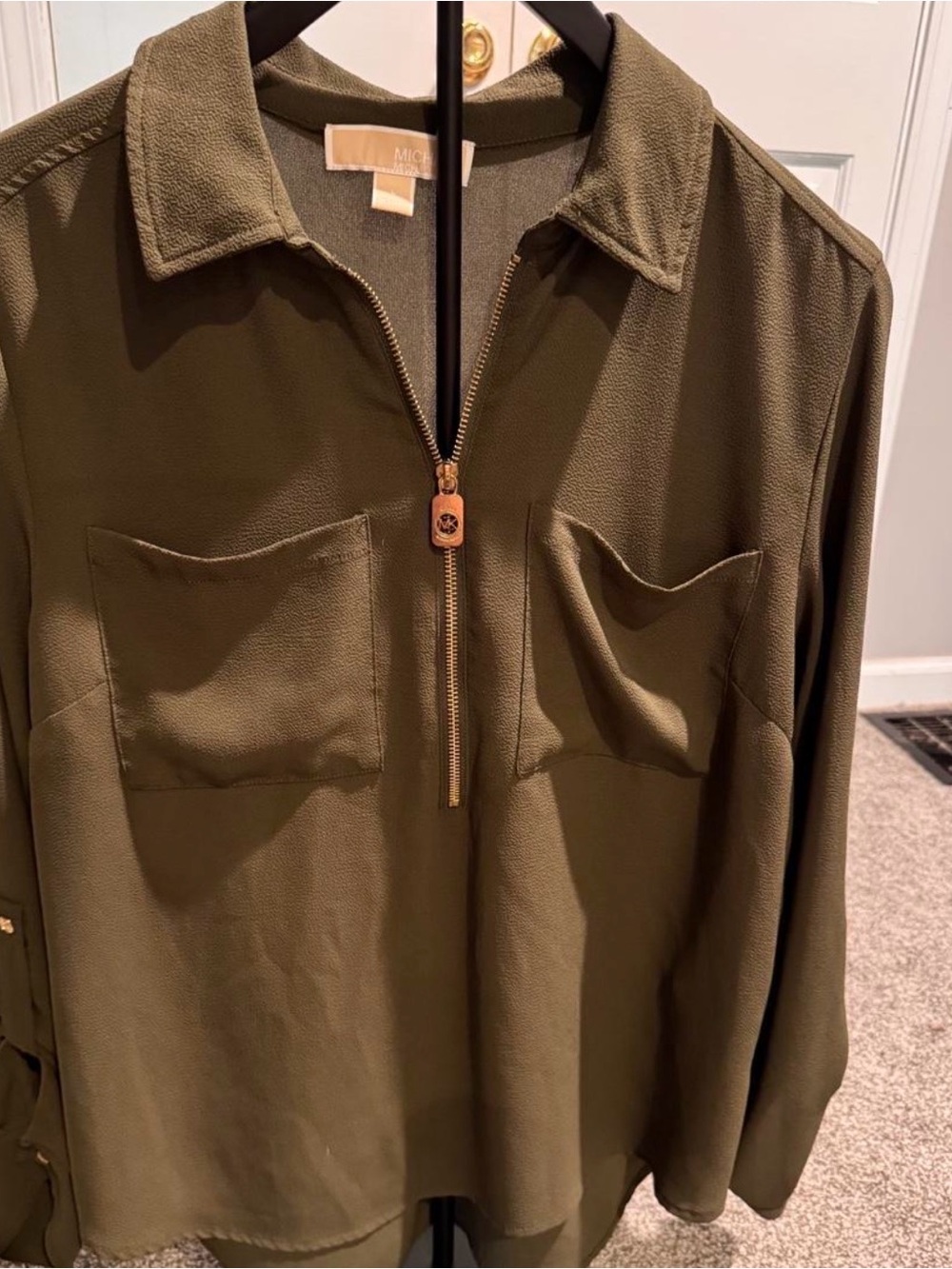 Michael Kors Olive Green Zip Front Roll Tab Blouse Top L